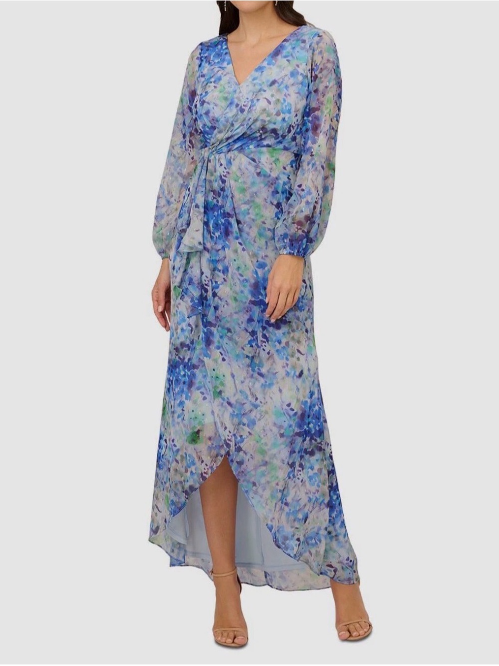Adrianna Papell Women's Blue Metallic Draped Surplice Long Sleeve Dress Size 4